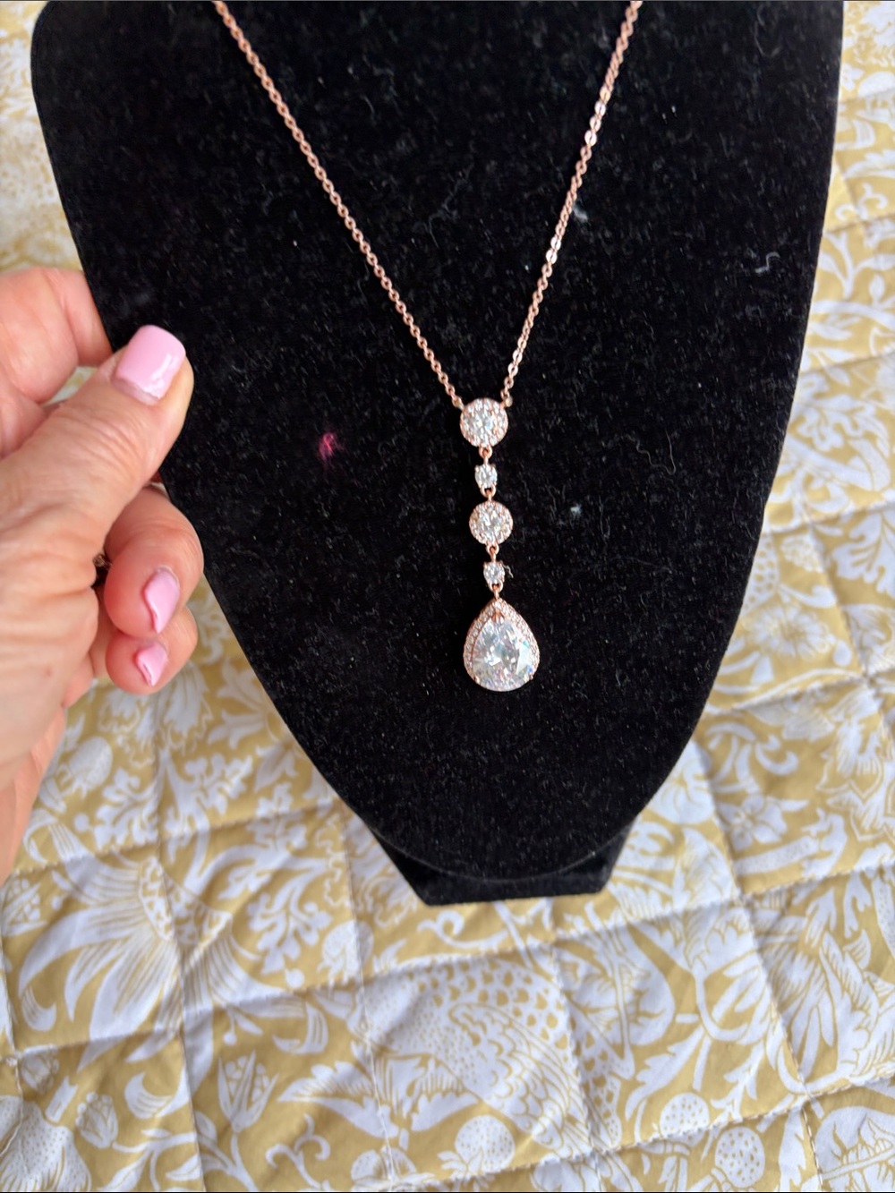 Rose-Tone Teardrop Pendant Necklace with Sparkling Stones